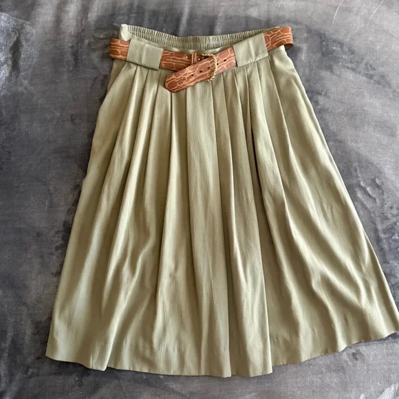 Vintage Belted Pleated Midi Skirt 16 Olive Green Pull On 90's Old Money Academia - Picture 2 of 10